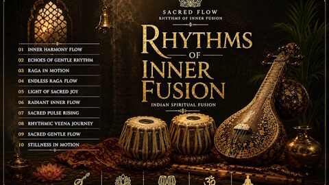 Rhythms of Inner Fusion Indian spiritual fusion music artwork with tabla and veena instruments