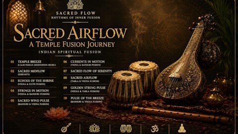 Sacred Airflow temple fusion music artwork featuring tabla, veena, and Indian spiritual ambient visuals
